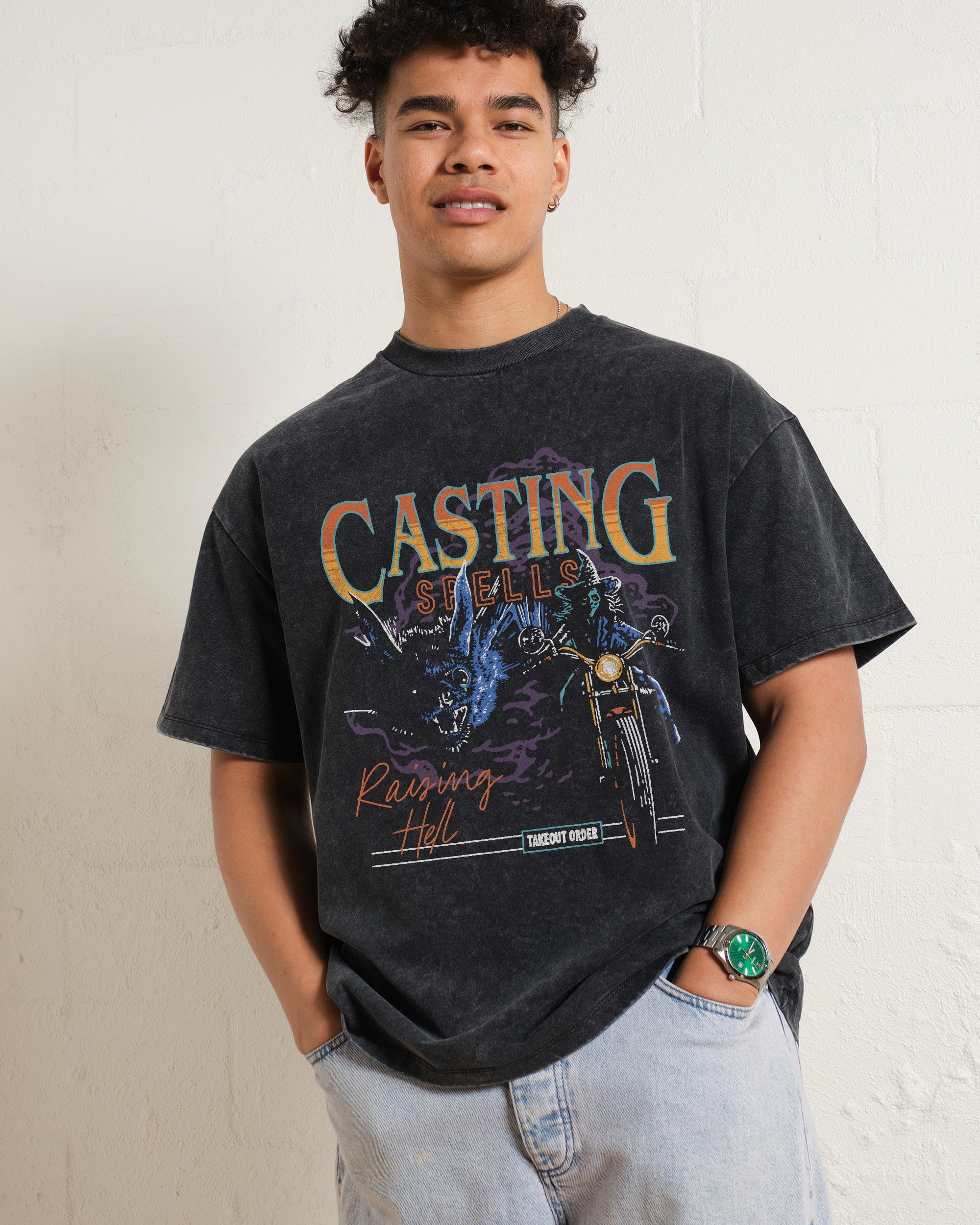 Casting Spells Raising Hell Oversized Graphic Tee Unisex 90s Boxy Fit 100% Combed Cotton