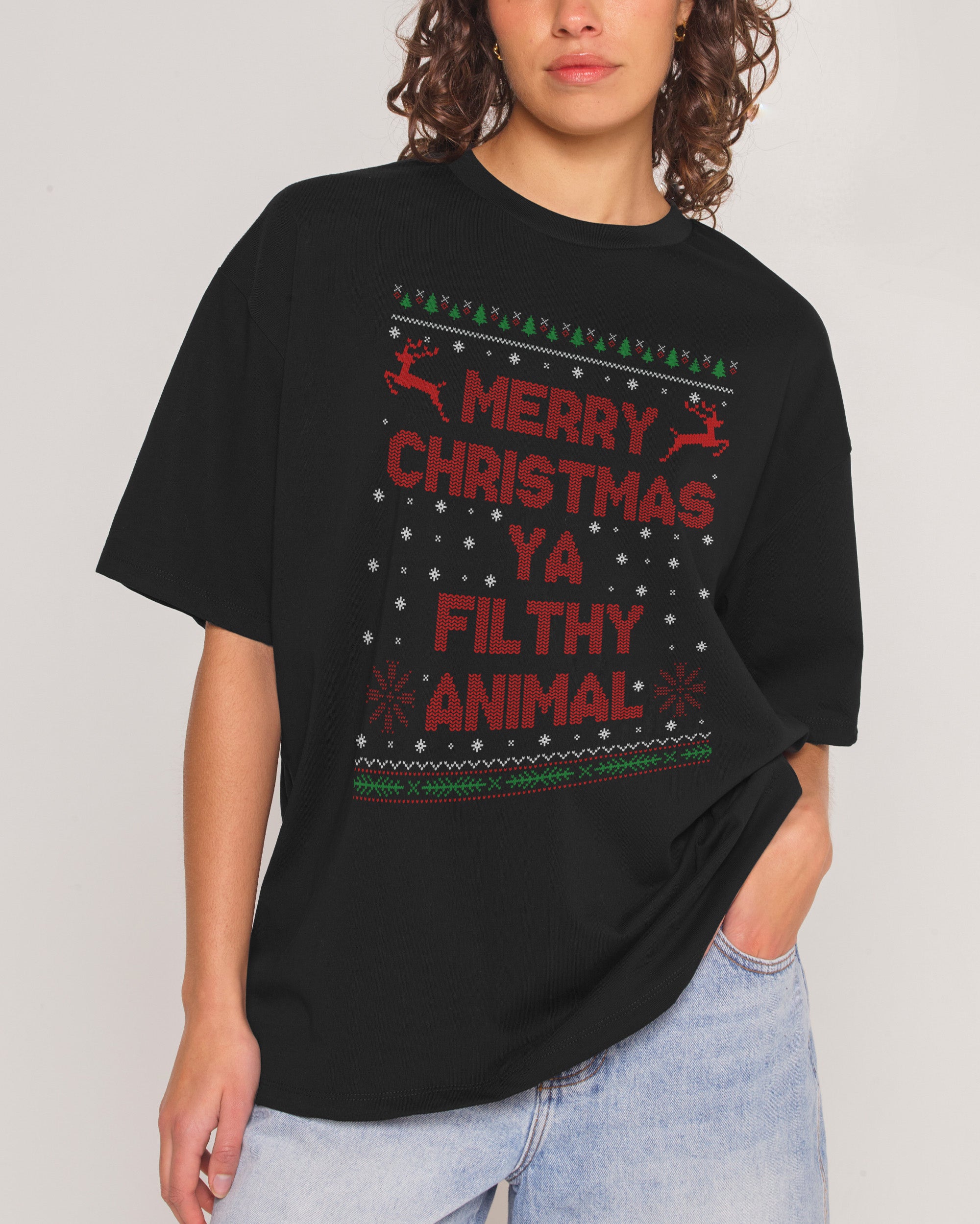 Merry Christmas Ya Filthy Animals Oversized Graphic T-Shirt - Unisex 90s Boxy Fit